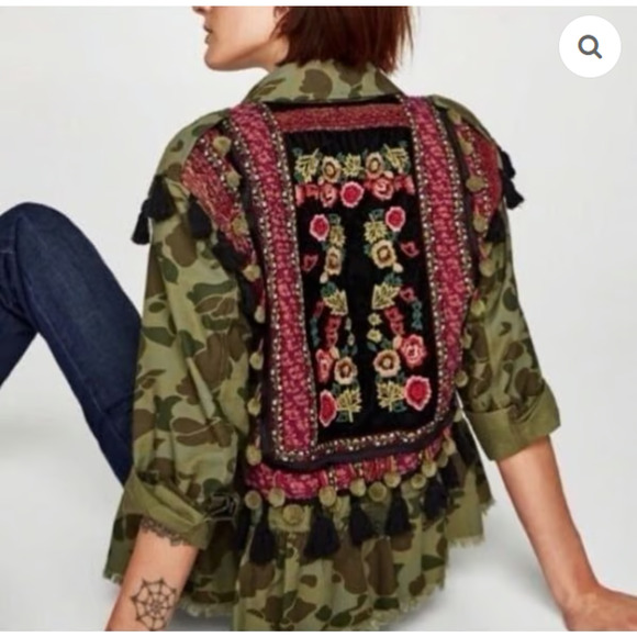 ZARA WOMAN Jacket M Camo Utility Shacket Tapestry Peplum Button Up Canvas Green - Picture 1 of 16